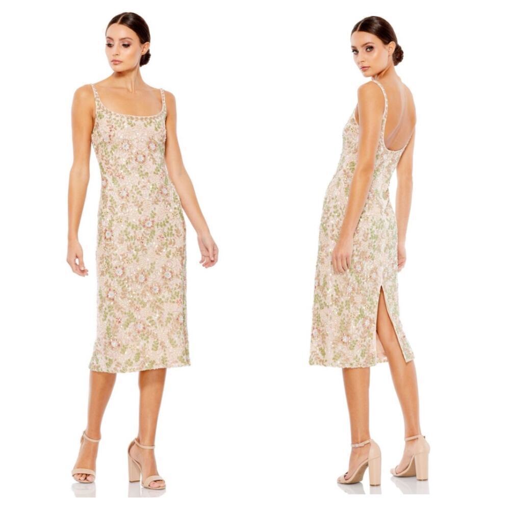 Mac Duggal Sleeveless Hand Beaded Floral Midi Dress Nude Multi Size 12 NWT